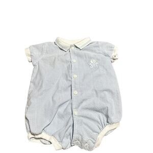 Little Miracles light blue gingham romper collared neckline bear detail 0-3 mth